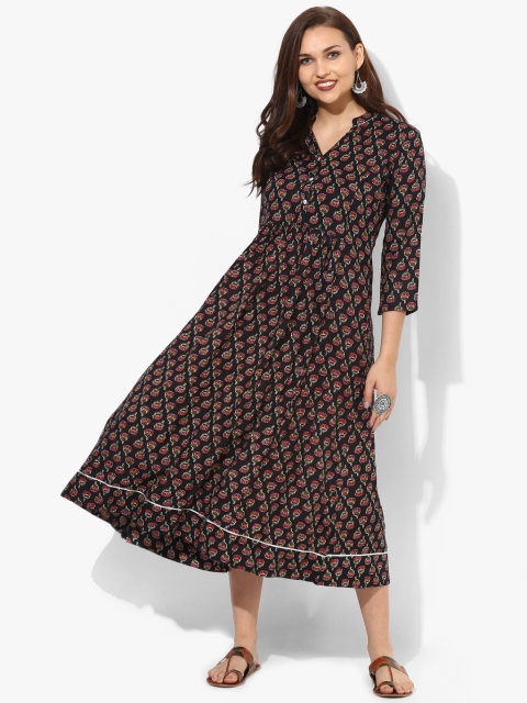 

Printed Mandarin Collar Flared Kurta With 3/4Th Sleeves, Black