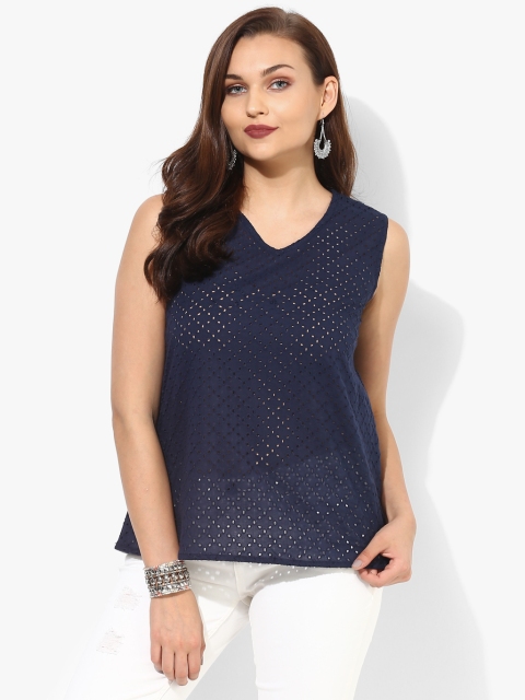 

V Neck Sleeveless All Over Embroidered Top, Navy blue