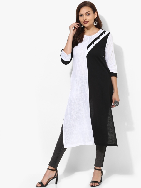

Half & Half Round Neck Solid Kurta With 3/4th Rolled Up Sleeves, Black