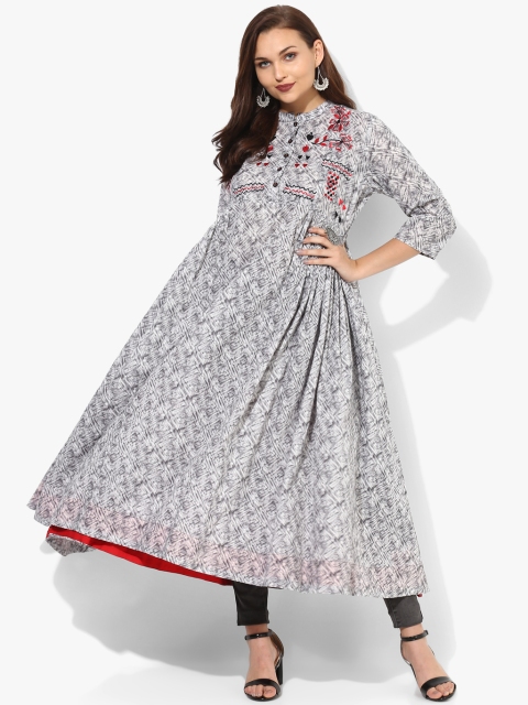 

Band Collar Printed Anarkali Kurta With 3/4Th Sleeves And Embroidered Detail, Grey