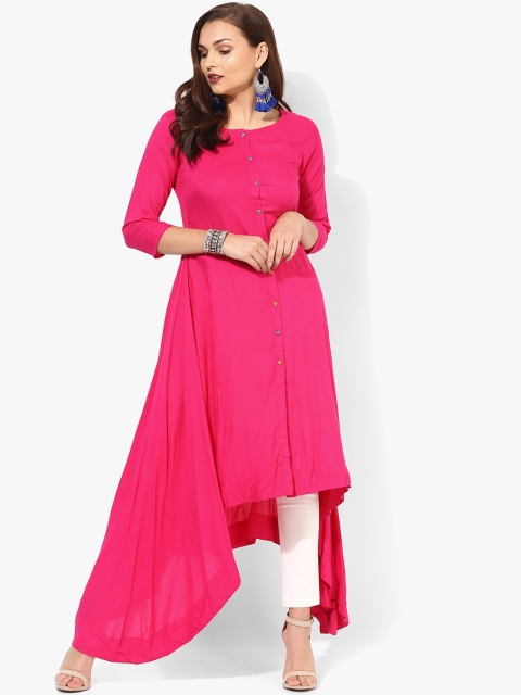 

Sangria Solid Round Neck Asymmetric Flared Kurta With 3/4Th Sleeves, Fuchsia
