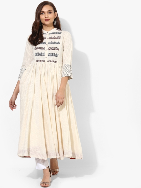 

Block Printed Cotton Dobby Band Collar Anarkali With 3/4Th Sleeves, Off white