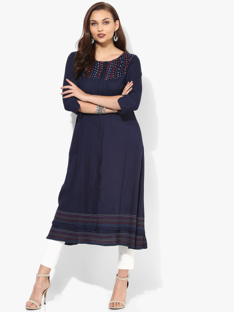 

Round Neck Embroidered Georgette Flared Kurta With 3/4Th Sleeves, Navy blue