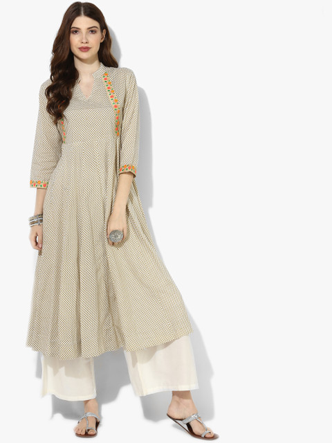 

Band Collar 3/4Th Sleeves Printed Panelled Anarkali Along With Flared Palazzo, Beige
