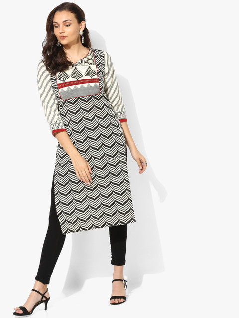 

Printed Round Neck Straight Fit Kurta With 3/4Th Sleeves, Black