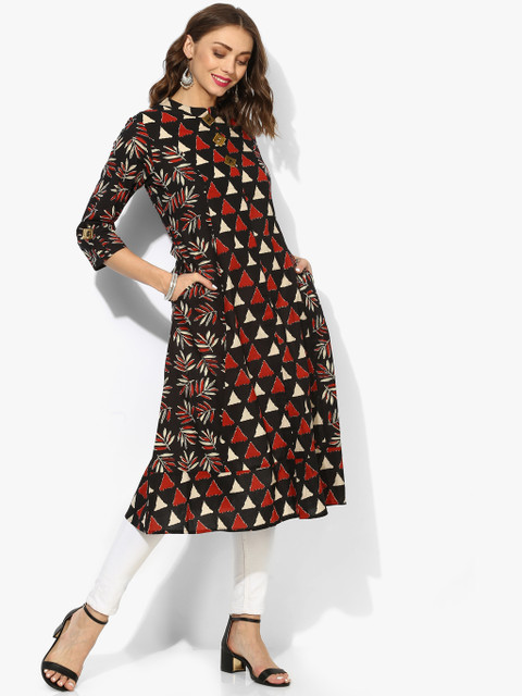 

Mandarin Collar Panelled Printed A-Line Kurta With 3/4Th Rolled Up Sleeves, Black