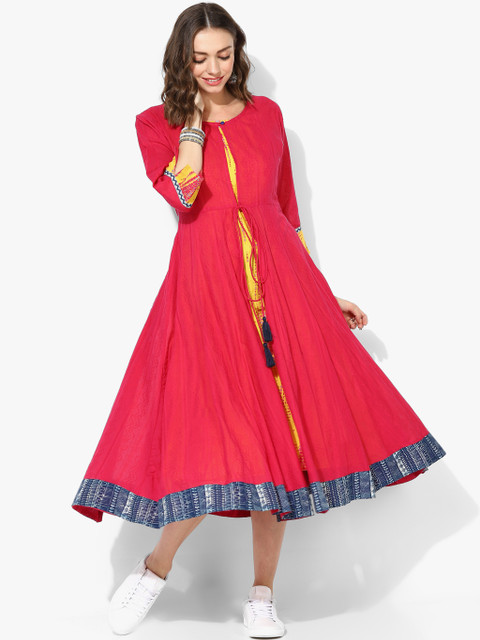 

Round Neck Textured Circular Double Layer Anarkali With Elbow Length Sleeves, Red