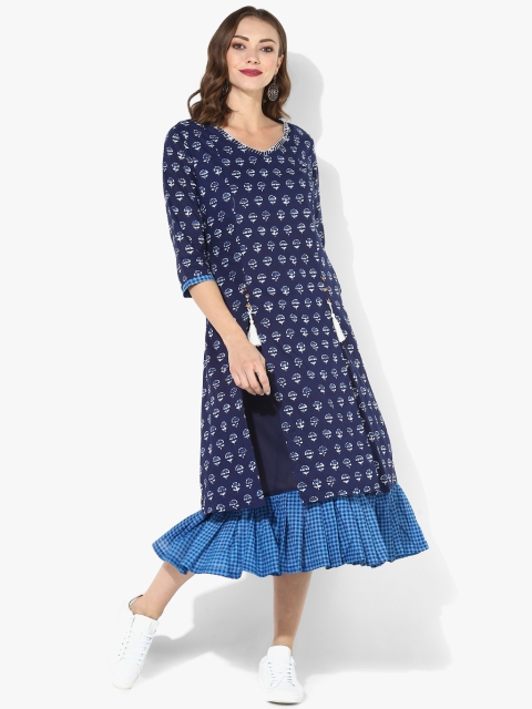 

Sangria Women Blue Embroidered Hi-Low Layered Printed Anarkali, Navy blue