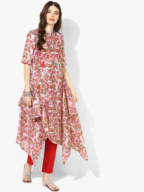 

Band Collar Floral Chanderi Hi-Low Hem Circular Front Slit Anarkali Along With Crop Pant, Multi