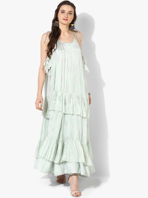 

Sangria Light Green Flared & Frilled Long Dress