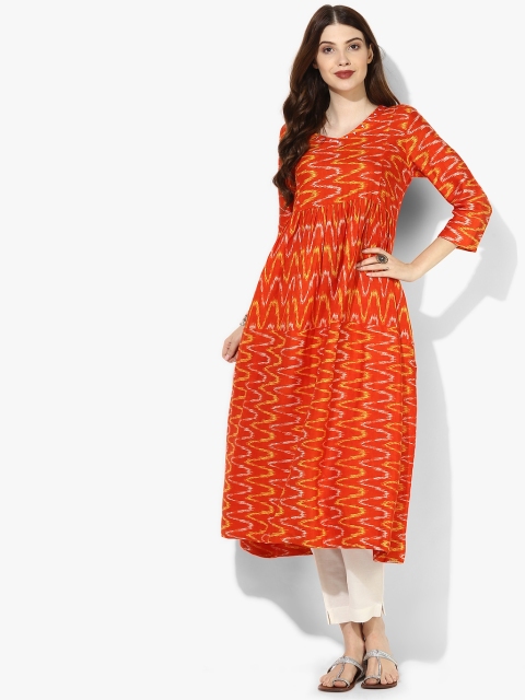 

V Neck Tiered Rayon Kurta Along With Crop Pants, Orange