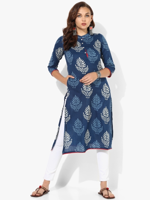 

Mandarin Collar Leaf Print Kurta With 3/4th Sleeves, Blue