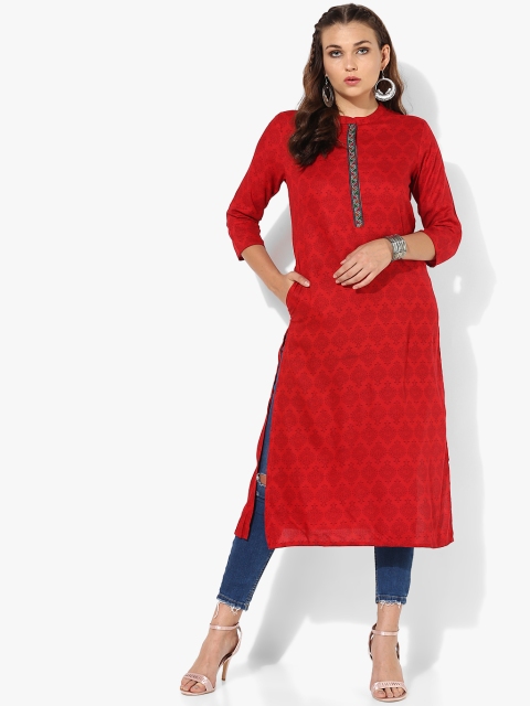 

Printed Band Collar Straight Fit Kurta With 3/4th Sleeves, Red
