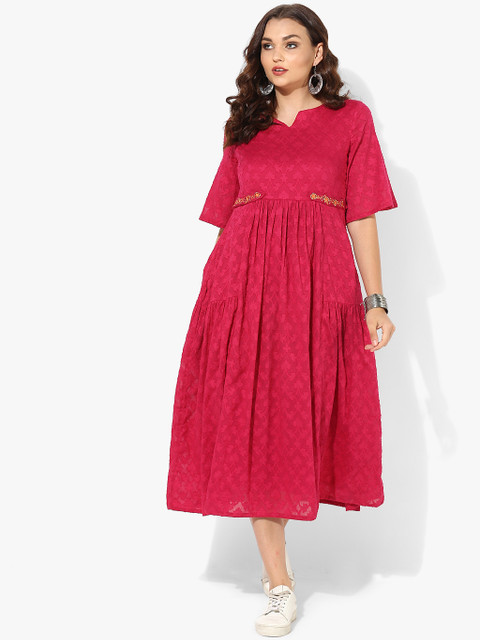 

Round Neck Self Textured Cotton Maxi Dress With Embroidered Details, Fuchsia