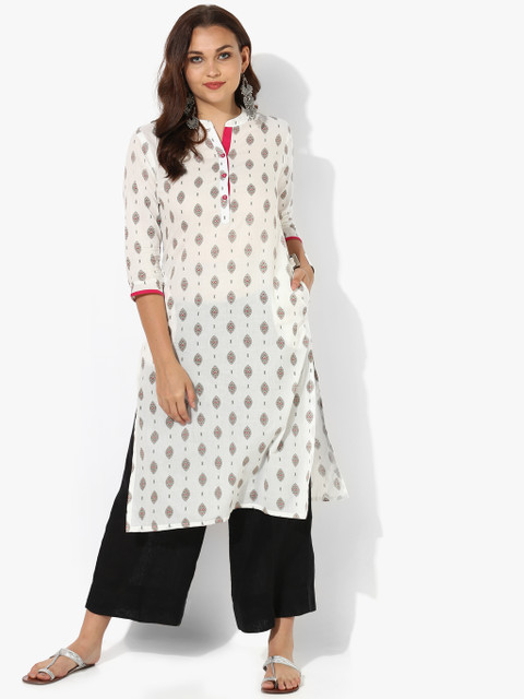 

Printed Band Collar Straight Fit Kurta With 3/4 Elbow Length Sleeves, Off white