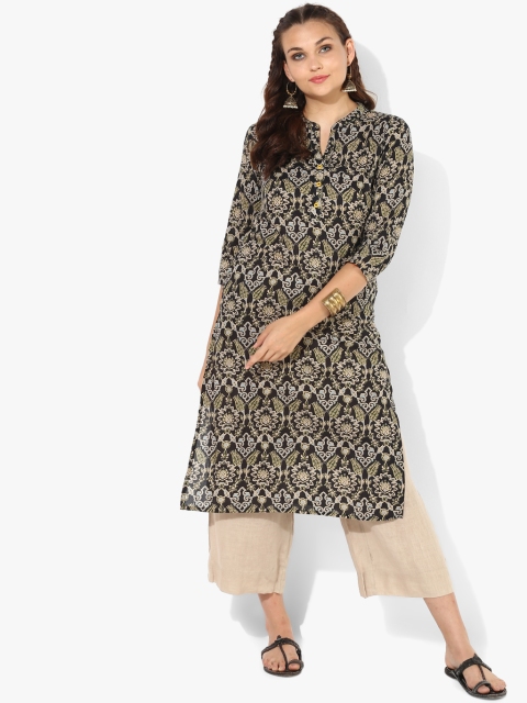 

Printed Band Collar Straight Fit Kurta With 3/4th Sleeves, Black