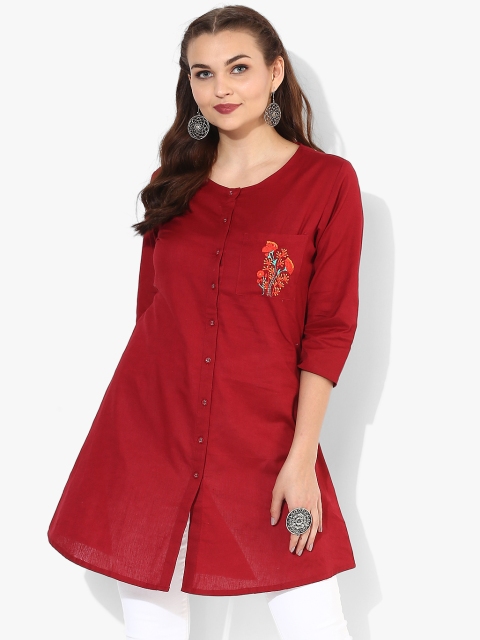 

Embroidered Round Neck Tunic With Full Button Placket And 3/4Th Sleeves, Maroon