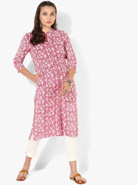 

Printed Band Collar Straight Fit Kurta With 3/4th Sleeves, Pink