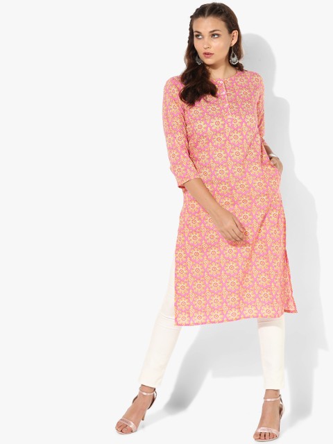 

Printed Round Neck Straight Fit Kurta With 3/4th Sleeves, Pink