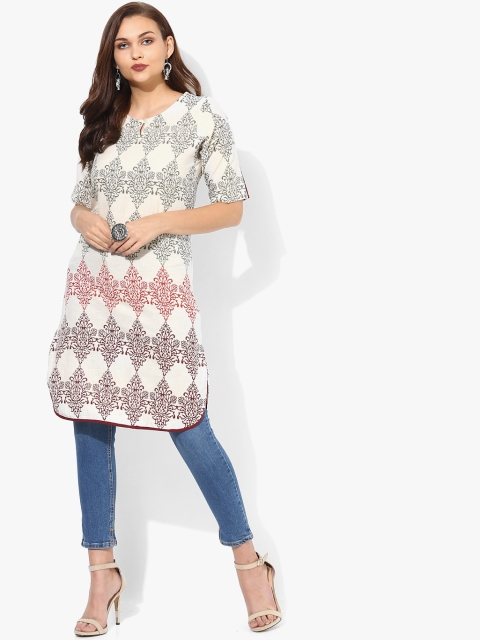 

Printed Round Neck Shaped Hem Kurta With Elbow Length Sleeves, Multi