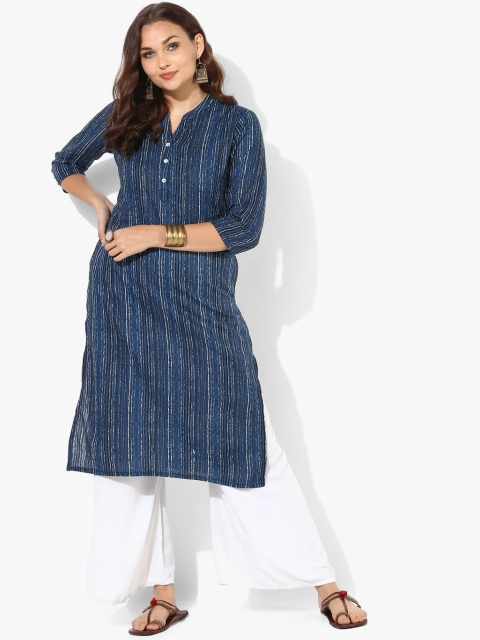 

Printed Mandarin Collar Straight Fit Kurta With 3/4th Sleeves, Blue