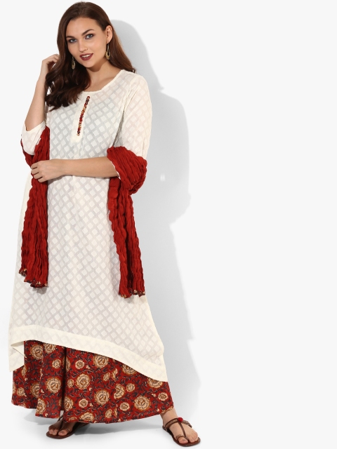

Cotton Dobby Round Neck High-Low Kurta With 3/4Th Sleeves Teamed Up With Printed Palazzo And Dupatta, Off white