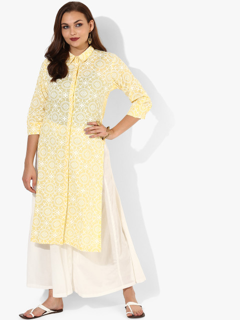 

Shirt Collar Khadi Print Kurta with Solid Plazoo, Yellow