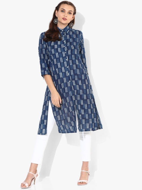 

Shirt Collar Tunic With 3/4Th Rolled Up Sleeves And Full Button Placket Detail, Blue