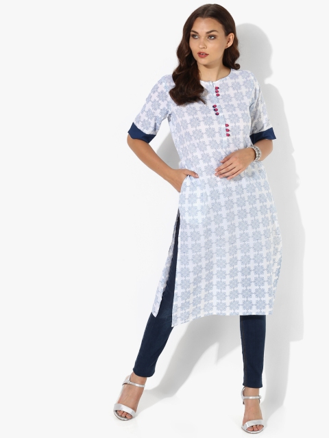 

Printed Round Neck Straight Fit Kurta With Elbow Leeves, White