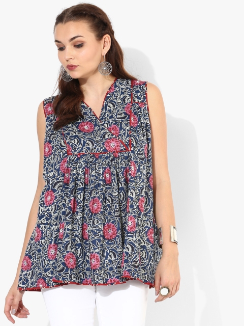 

Multicoloured V-Neck Printed Flare Yoke Sleeveless Top, Navy blue