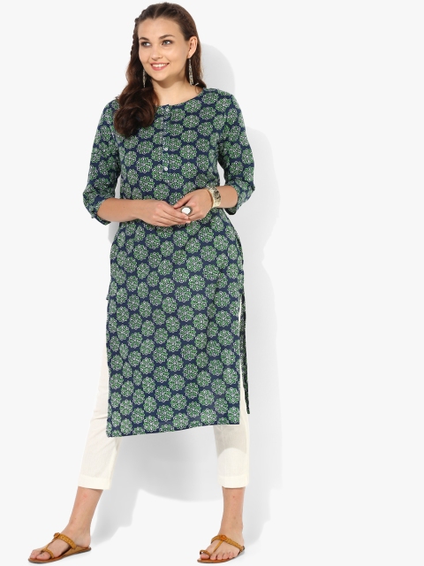 

Printed Round Neck Straight Fit Kurta With 3/4th Sleeves, Navy blue