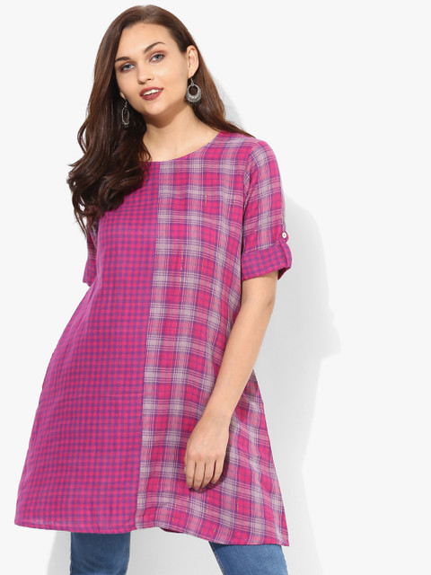 

Checked Round Neck Straight Fit Tunic With Elbow Length Sleeves, Pink