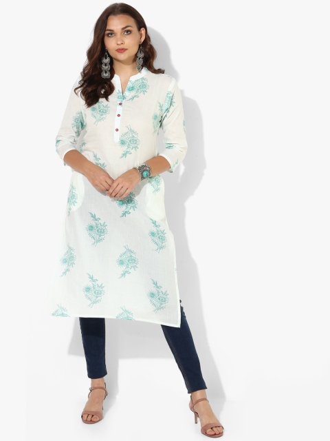 

Printed Band Collar Straight Fit Kurta With 3/4th Sleeves, White