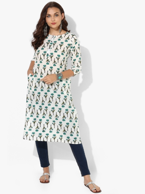 

Printed Round Neck Straight Fit Kurta With 3/4th Sleeves, Off white