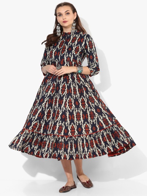 

Printed Mandarin Collar Anarklai With Tiered Detail And 3/4th Sleeves, Navy blue