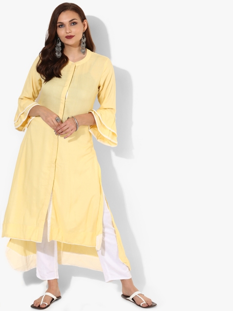 

Band Collar 3/4th Sleeves Textured Drape A-Line Kurta, Yellow