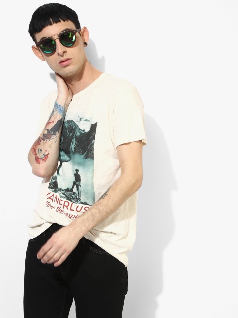 

Beige Printed Regular Fit Round Neck T-Shirt