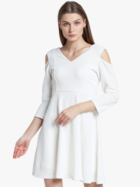

AND Women White Solid Cold-Shoulder Fit and Flare Dress