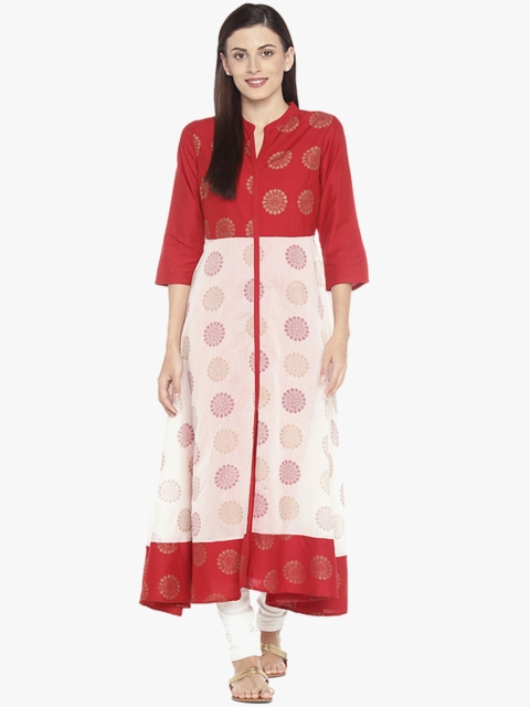 

RANGMANCH BY PANTALOONS Women Red & White Colourblocked A-Line Asymmetric Kurta