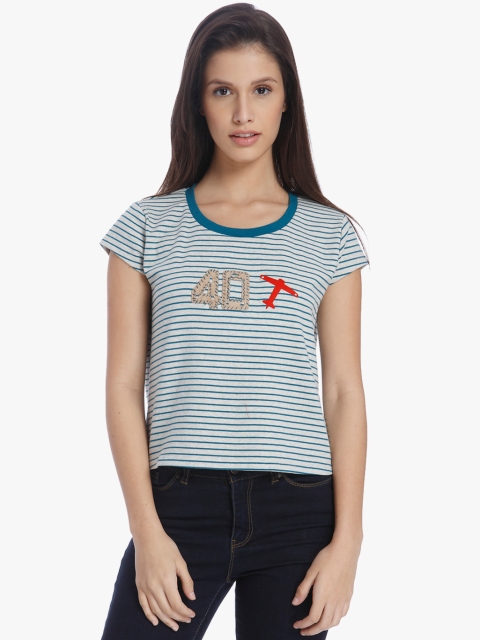 

Vero Moda Women Grey Melange & Teal Green Striped Round Neck T-shirt