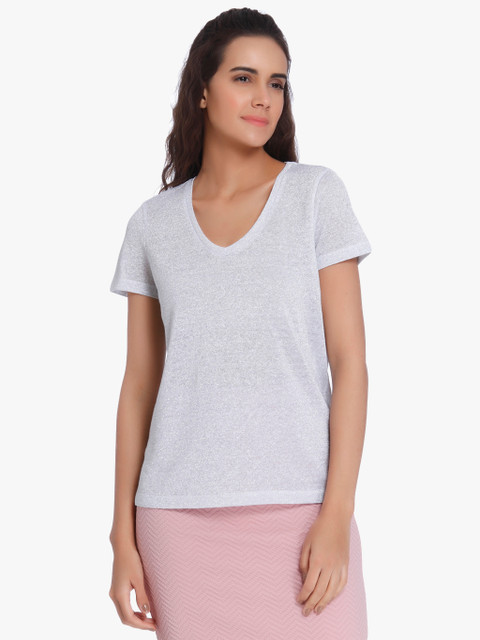 

Vero Moda Women White Linen Solid Sheen V-Neck T-shirt
