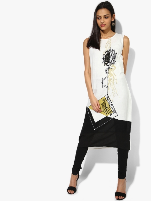 

RANGMANCH BY PANTALOONS Women Off-White & Black Printed A-Line Kurta