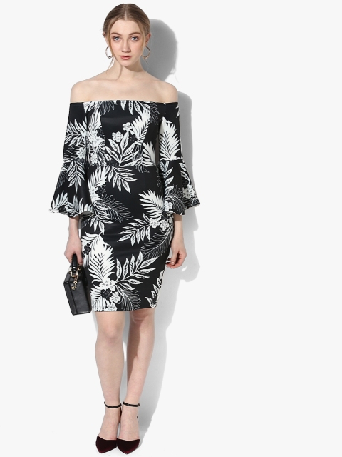 

DOROTHY PERKINS Black Coloured Off-Shoulder Printed Shift Dress