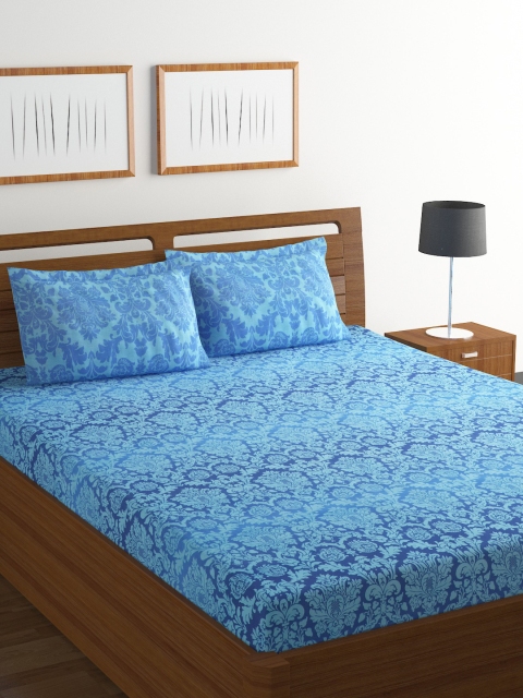 

BOMBAY DYEING Blue Floral Flat 104 TC Cotton 1 King Bedsheet with 2 Pillow Covers