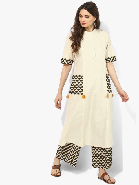 

Sangria Women Off-White Solid A-Line Kurta With Printed Palazzos