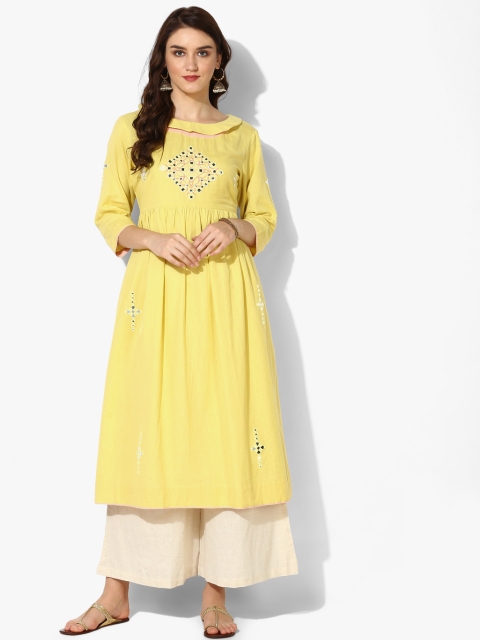 

Embroidered Round Neck Flared Kurta With High Slit And 3/4Th Sleeves Teamed Up With Off White Palazzo, Yellow