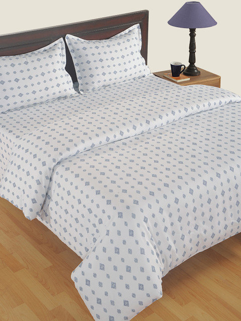 

SWAYAM White & Blue Satin 250 TC Printed Bedding Set