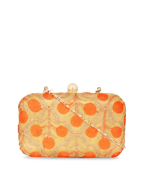 

ZAREGARE Gold-Toned & Orange Embroidered Clutch