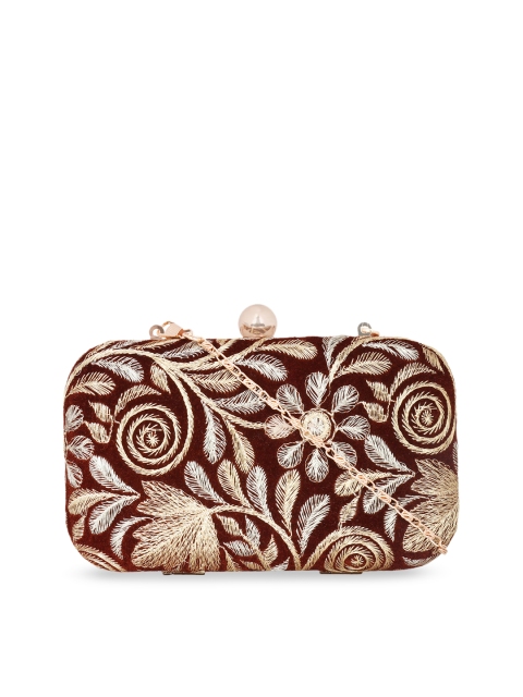 

ZAREGARE Brown & Gold-Toned Embroidered Box Clutch