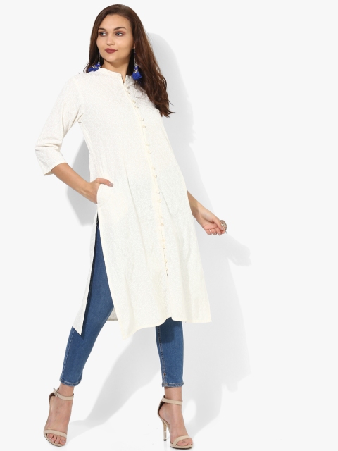 

Printed Mandarin Collar Straight Fit Kurta With Long Button Placket And 3/4Th Sleeves, Off white